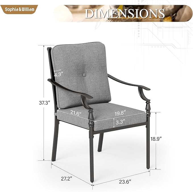 Sophia & William Outdoor Patio Dining Chairs Set of 2, Heavy Duty Outdoor Furniture Chairs with Thickened Cushions, Wrought Iron Deck Chairs for Backyard, Poolside, Balcony and Garden