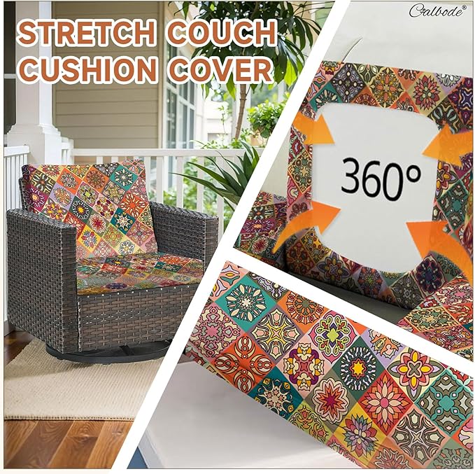 CALBODE 8Pcs Stretch Patio Cushion Cover, Bohemian Colored Geometric Pattern Couch Covers for Patio Furniture Cushions Washable Reusable Couch Covers Replacement for Fall Winter(Cover Only)