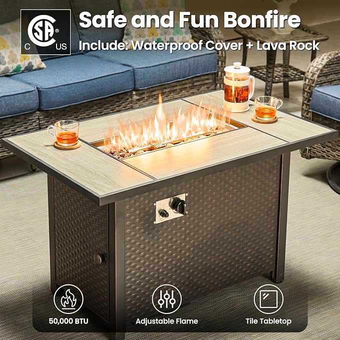 ovios 8-Piece Patio Furniture Set with Swivel Chairs Side Table, Outdoor Wicker Sofa with 42" Fire Pit Table, High Back Couch Modern Conversation Sets, Grey/Denim Blue
