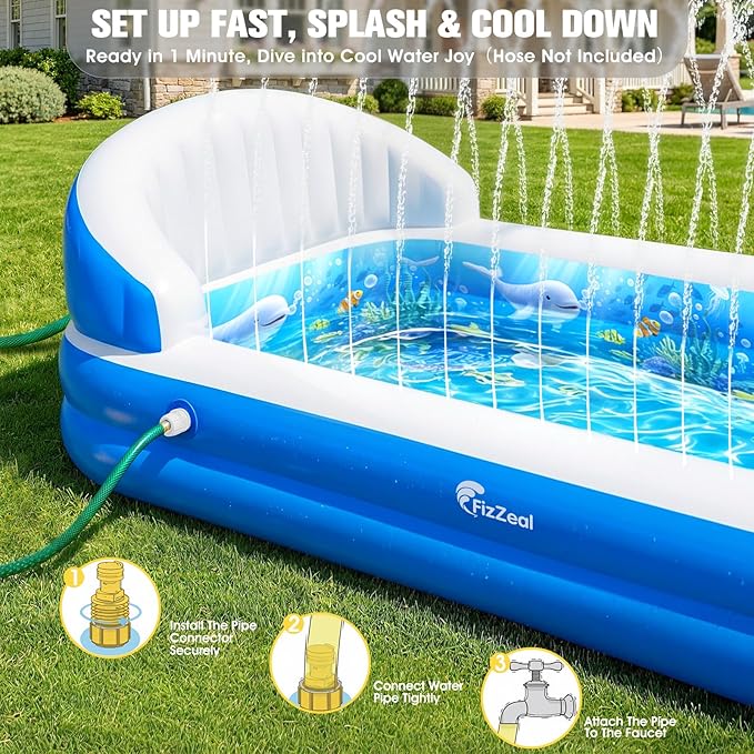 FizZeal Kiddies Pool,Inflatable Pool with Sprinkler,Inflatable Pools with Big Backrest for Toddlers,Rectangle Kids Pool Backyard,Kids Swimming Pool,Small Inflatable Pool, Outdoor Water Pool for Kids
