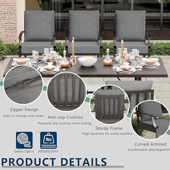 7 Piece Outdoor Dining Set for 6, Metal Patio Table and Chairs with Cushions, Patio Furniture Set with 2 Swivel Chairs, Rectangular Metal Dining Table with Umbrella Hole, Lawn Deck Yard-Grey