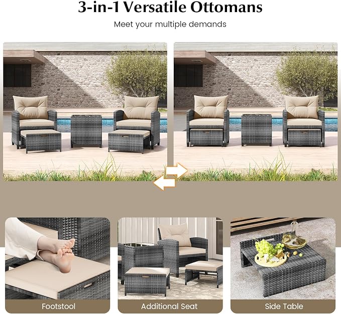 COSTWAY 5-Piece Rattan Conversation Set, Outdoor Wicker Sofa, Tempered Glass Coffee Table & Ottomans for Small Space, Boho Chic Indoor/Outdoor Furniture Set for Poolside, Backyard, Deck (Beige)
