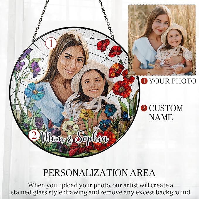Custom Photo Stained Glass Window Hanging Suncatcher - Personalized Floral Keepsake Heartfelt Decoration for Home - Mother's Day, Father's Day, Birthday Gift for Mom, Dad, Grandma