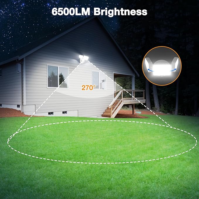 65W Dusk to Dawn Flood Lights Outdoor, 6500LM LED Outdoor Light, IP65 Waterproof, 6500K Daylight, 3 Adjustable Heads LED Security Light with Photocell for Yard Garage Porch White