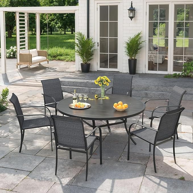 VICLLAX 7 Pieces Patio Outdoor Dining Set, 50" Round Metal Table with Umbrella Hole and 6 Stackable Textilene Chairs for Lawn, Garden, Porch, Black/Grey