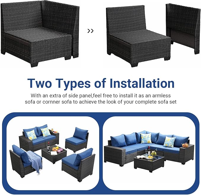 Jing's Villa 8-Piece Patio Furniture Set, All-Weather Outdoor Wicker Sectional Sofa with Cushions, Glass Table & Left and Right Armrest, Rattan Conversation Seating for Porch, Garden, Backyard,Navy