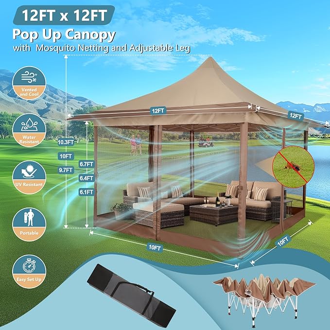 COBIZI 12x12 Pop Up Gazebo On Clearance,Outdoor Canopy Tent with Mosquito Netting,UPF50+,Adjustable Height and 144 Square ft of Shade for Party, Backyard, Gardens with Superior Peaked Roof（Khaki）