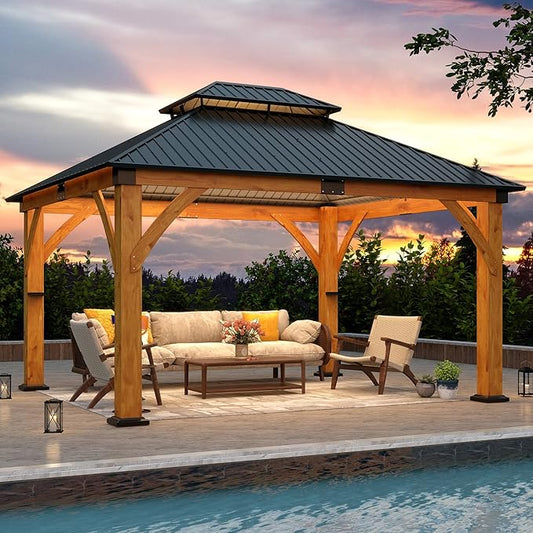 11' x 13' Upgraded Wood Gazebo, Spruce Wood Hardtop Gazebo with Double Galvanized Steel Roof, Outdoor Wooden Pavilion for Deck, Backyard