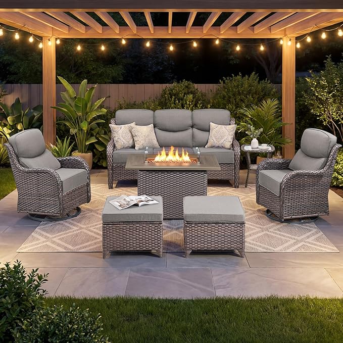Luxury Patio Furniture Set with 6-inch Thick Cushion, Outdoor Furniture with Fire Pit Table, Swivel Chairs, Sofa, Side Table, Ottomans, 7pcs Wicker Conversation Set (Brown Wicker | Grey Cushion)