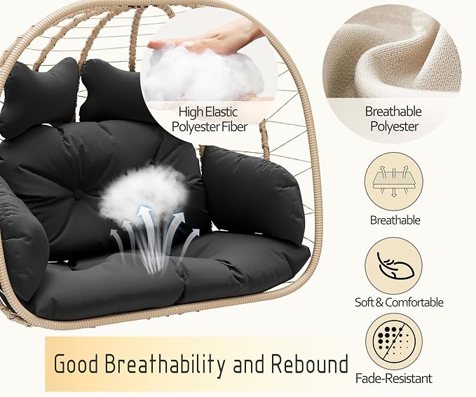 Double Indoor/Outdoor Wicker Swing Egg Chair Hammock Foldable Hanging Loveseat with Stand, UV Resistant Removable Cushions, 700LBS Capacity