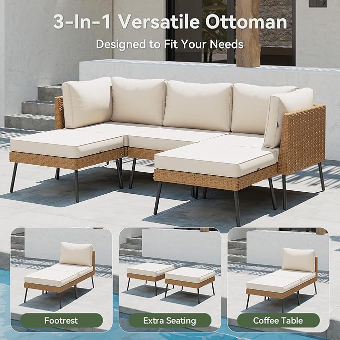Aoxun 10 Piece Patio Furniture Set, 10 Seats Outdoor Sectional Sofas with Thick Cushion, Wicker Outdoor Patio Furniture Set with Ottomans for Party, Garden, Backyard, Beige