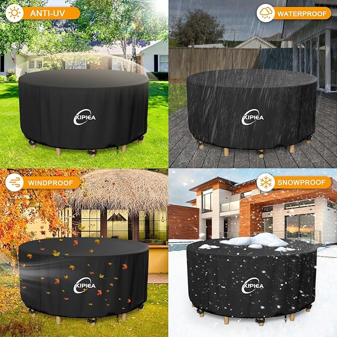 Kipiea Round Patio Table Cover Waterproof, Heavy-Duty Round Patio Furniture Covers, No Tears Anti UV No Fading (96" Dia x 28" H)