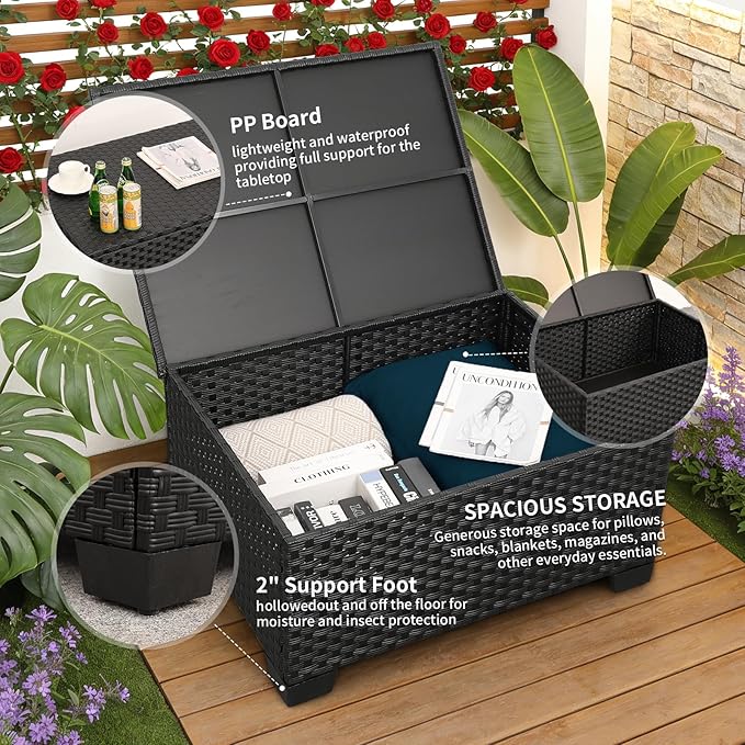 Rattaner Patio Furniture Set 7 Pieces Couch Outdoor Chairs Coffee Table Peacock Blue Anti-Slip Cushions and Waterproof Covers