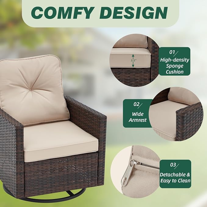 AVAWING 5 PCS Patio Swivel Rocking Chairs Set with Ottoman, Outdoor Wicker Furniture with Rattan Side Table, 360° Swivel Chairs for Garden, Porch, Backyard, Beige/Brown Wicker