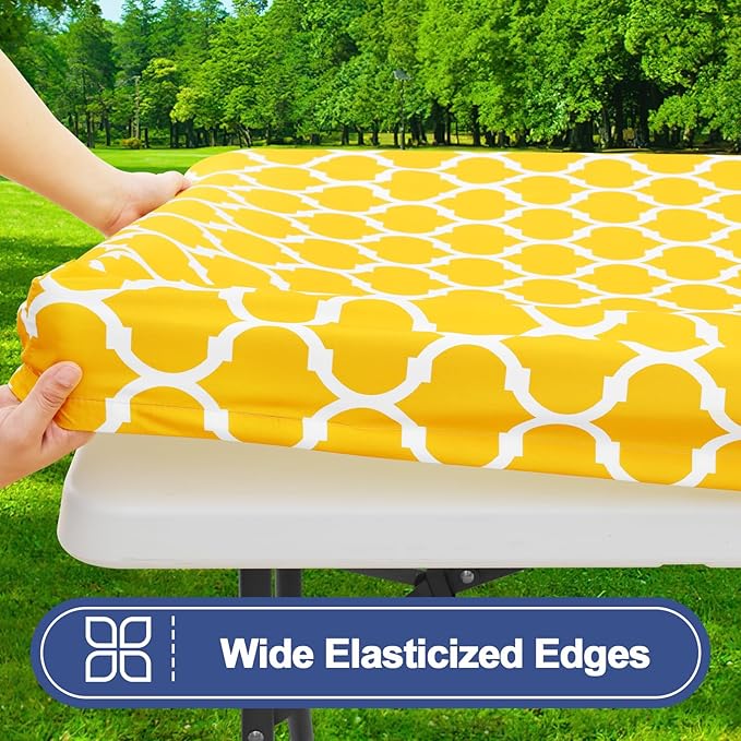 Smiry Picnic Table Cover with Bench Covers, Waterproof Elastic Fitted Tablecloth for 6 Foot Tables, Washable Polyester Tablecloths for Camping, Indoor & Outdoor (Yellow, 30x72 Inch 3-pc Set)
