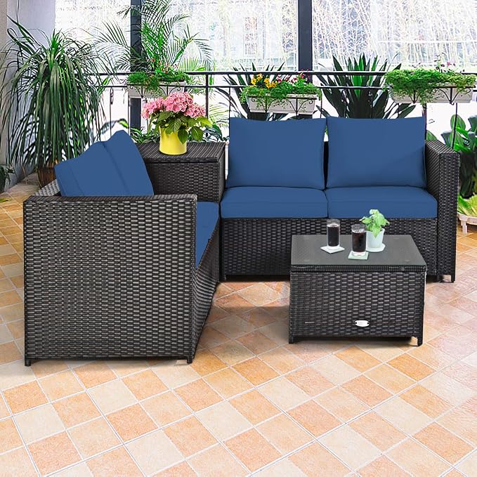 HAPPYGRILL 4PCS Patio Furniture Set Outdoor Rattan Wicker Conversation Sofa Set with Storage Box & Tempered Glass Coffee Table for Backyard Garden Porch