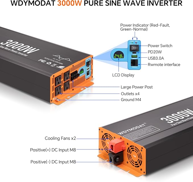3000W Pure Sine Wave Inverter,24V DC to 120V AC Car Power Inverter 6000W Peak with 4 AC Outlets, 3.0A USB and Type-C, LCD Display 16.5 ft Remote Control for RV Truck Travel Solar Emergency