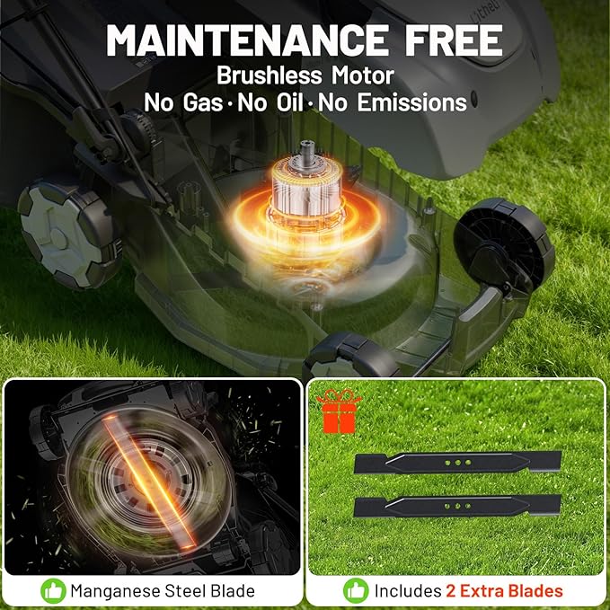 Litheli 40V Push Mower with Brushless Motor, 16″ Battery Lawn Mower, 6 Adjustable Heights, 50L Grass Bag, Mulching, 2×5.0Ah Batteries & Charger Included