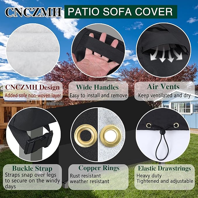 Heavy Duty Patio Sofa Covers Waterproof, Outdoor 3-Seater Couch Cover Waterproof, 600D Outdoor 2-Seater Loveseat Furniture Covers with Air Vent Handle 104''W x 40''D x 24''H/ 35''H Black