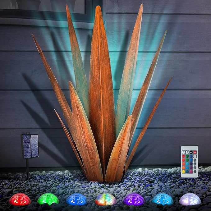 KODIBO 24" Large Metal Agave Plant Outdoor Decor with Solar Light, Rusty | IP65 Waterproof Solar Light, Weather-Resistant Metal, Hand-Painted Finish, Tequila Rustic Sculpture, Southwestern Style Decor
