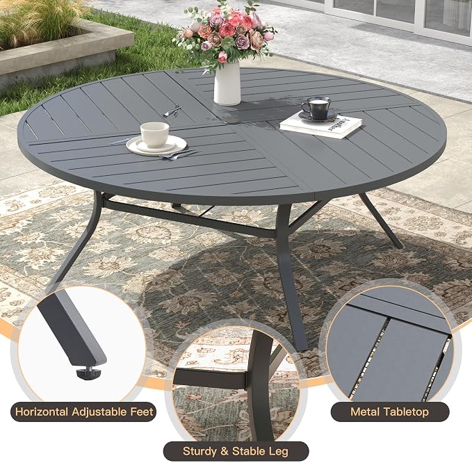 9 Pieces Patio Dining Set, 8 Outdoor Swivel Dining Chairs with 60.1" Round Metal Outdoor Dining Table with Umbrella Hole for Garden Backyard Deck, Grey & Dark Grey