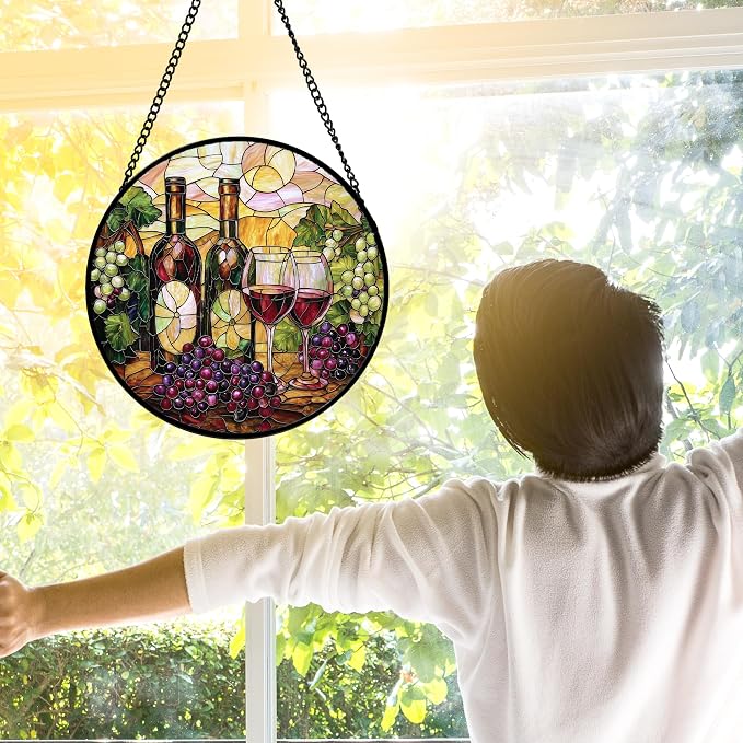 DASTOLL Stained Glass Window Hanging, Grapes and Wine Suncatcher Diamond Glass Panel Hangings Sun Catchers Decor for Birthday for Women, Men, Wife, Aunt, and Mom 7.8 in