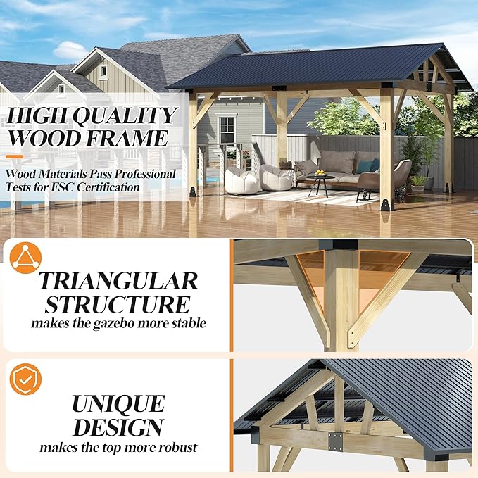 COVERONICS 12’x14’ Outdoor Wood Gazebo - Hardtop Patio Gazebos with Galvanized Steel Roof, Cedar Wooden Gazebo for Garden, Porch, Patio and Deck