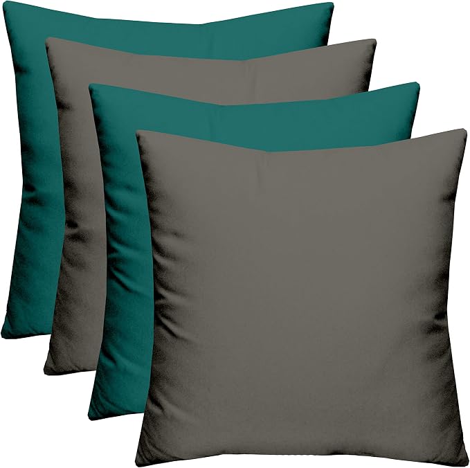 RSH DECOR Indoor/Outdoor All Weather Polyester Fabric, Decorative Accent Pillows for Patio Furniture, Reversible, 17" x 17", Charcoal Grey + Idol Lagoon Peacock - Set of 4 Square Throw Pillows