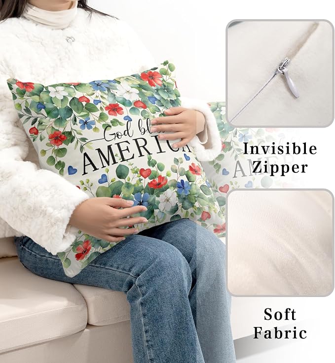 Patriotic Pillow Covers 4th of July Memorial Day Throw Pillow Covers 24x24 God Bless America Pillow Cases Eucalyptus Leaf Floral Outdoor Cushion Case for Living Room Sofa Couch 2Pcs