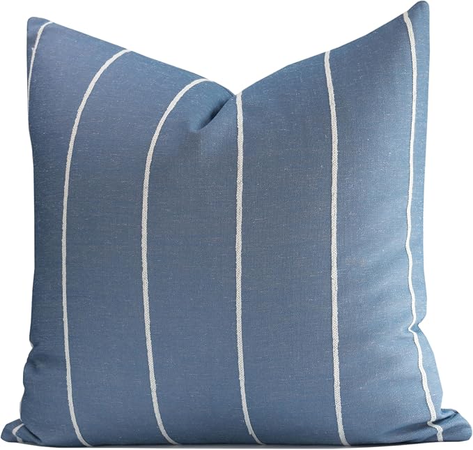 Coastal Linen Indoor Outdoor Throw Pillow Cover Only, 22"x22" Water Repellent for Patio, Backyard, Couch, Azure Blue Embroidered Stripes