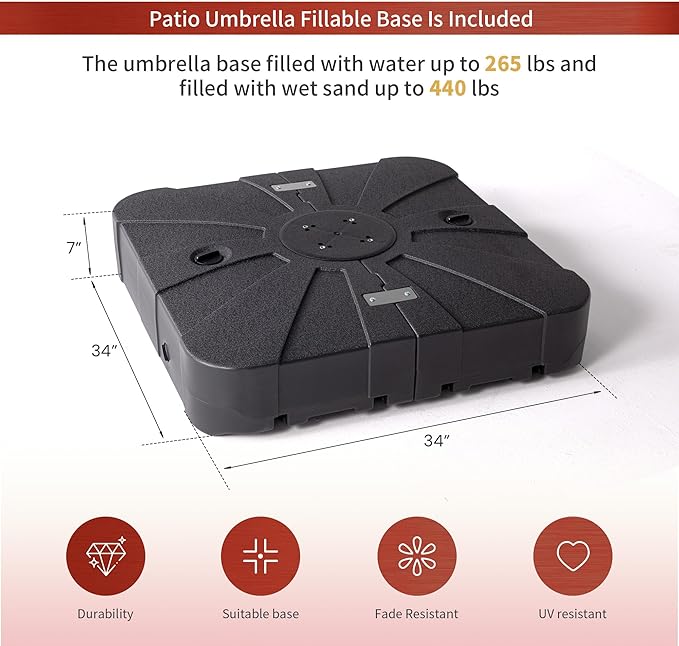 JZAC & QZYD 9x12 FT Outdoor Cantilever Patio Umbrella with Base Included and LED Lights, Large Heavy Duty 2-Tier Aluminum Offset Umbrellas with 360-Degree Rotation for Pool Deck, Red