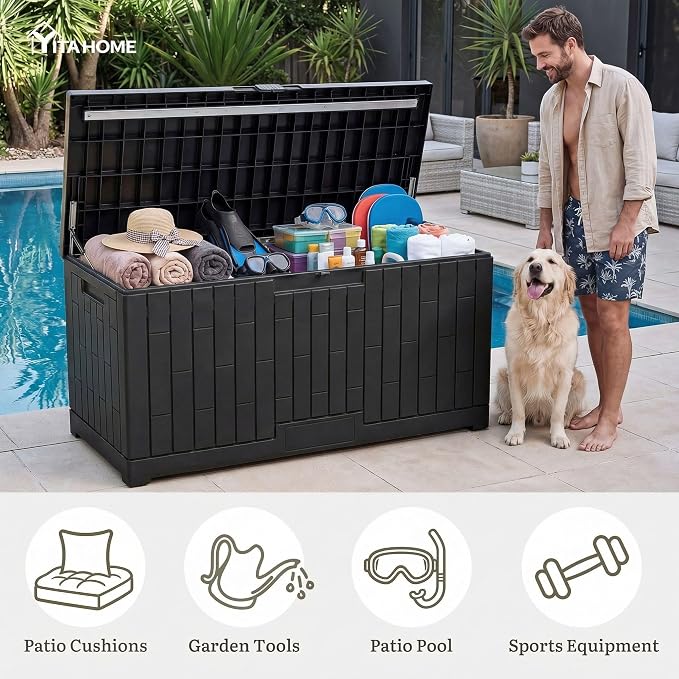 YITAHOME Large Deck Box 120 Gallon Resin Outdoor Storage Box with Slide-Locking Lid, Patio Storage Bin and Bench Seat for Outdoor Pillows, Garden Tools and Pool Supplies, Waterproof Lockable, Black