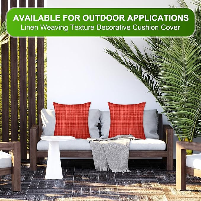 M METERXITY 2-Pack Outdoor Waterproof Throw Pillow Cover, 20x20 Inch Linen Weaving Texture Decorative Cushion Cover for Patio/Balcony/Garden, Water Resistant Pillow Case [Red]