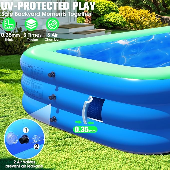 Inflatable Pool with Seat and Pool Lights, Durable Thickened Large Size Inflatable Pools for Adults Blow Up Pools,110" x 63" x 20"Swimming Inflatable PooI for Backyard,Outdoor (Cyan)