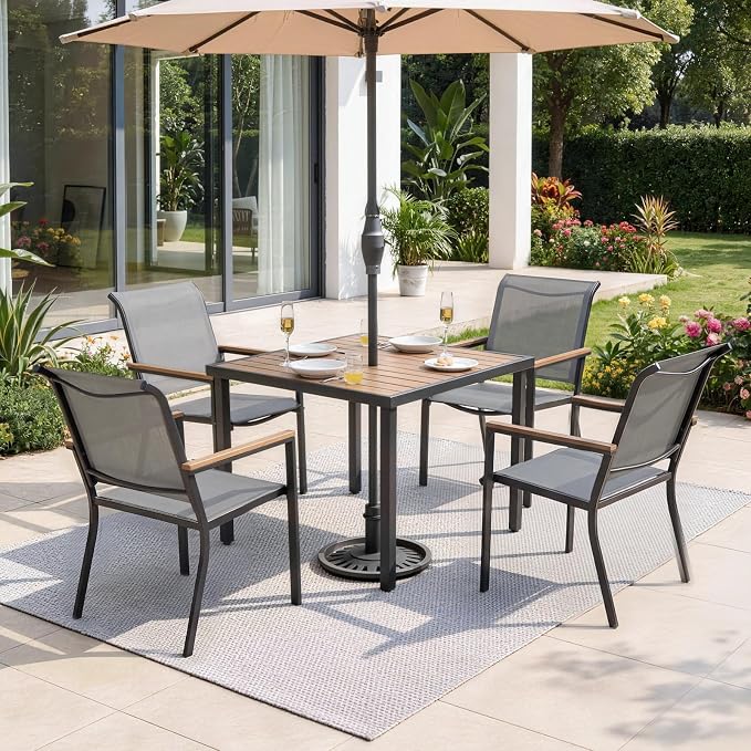 NATURAL EXPRESSIONS HDPS Patio Outdoor Table and Chairs Set for 4, Patio Dining Set with 4 Textilene Chair and 36” Square Fauxwood Patio Table with Umbrella Hole for Garden, Backyard, Deck (Grey)