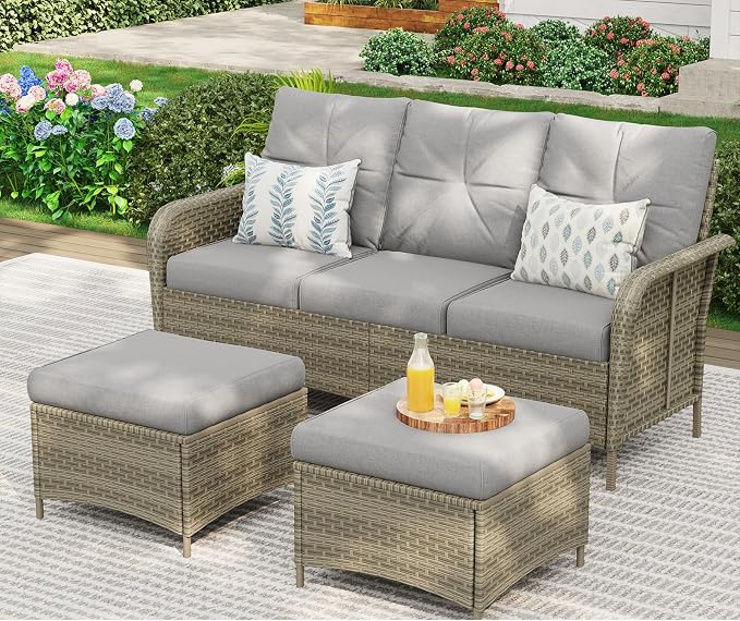 LazySunsets Luxury 12-Piece Patio Furniture Set with 44'' Fire Pit Table, 360° Swivel Chairs, Wicker Rattan Sofa & Thick Cushions, Outdoor Conversation Set for Backyard, Poolside & Garden, Beige/Gray