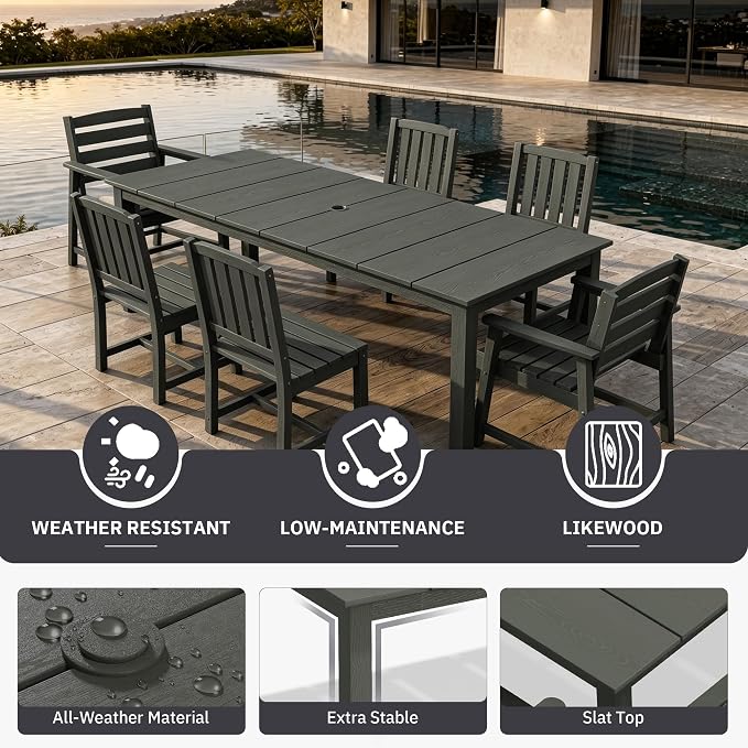 AreShark 9-Piece Outdoor Dining Set,HDPE Patio Table with 8 Chairs,All-Weather Patio Furniture Set with Umbrella Hole,Low Maintenance Wood Grain Dining Set for Backyard,Garden,Poolside,Gray