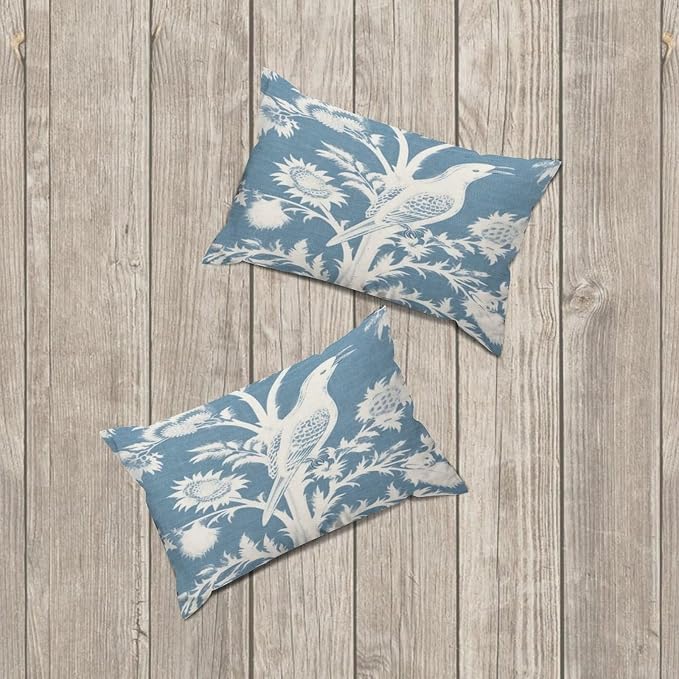 Set of 2 Blue Turquoise and White Birds Plant Cushion Cover Case with Zipper 12x18in Canvas Pillow Cover Rectangle Pillow Case for Couch Bed Car Pub Coffee Bar Living Room Decoration