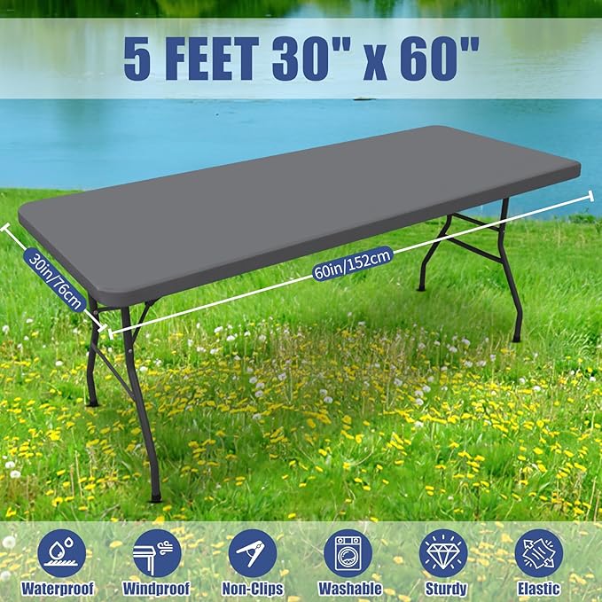 Moosfor Spandex 5 Foot Rectangle Table Cloth 2 Pack, Elastic Fitted Tablecloths for Picnic, Stretch Washable Patio Table Cover for Outdoor, Camping, Banquet and Parties (Grey, 30"x60")