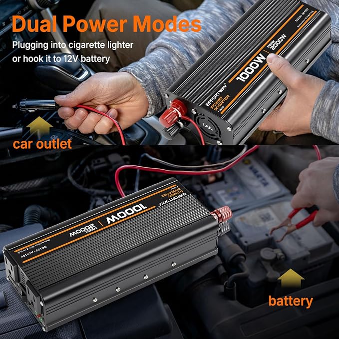 1000W Power Inverter, Inverter 12V to 110V with 2 AC Outlets, 2.1A USB Port, Car Power Inverter with Alligator Battery Clamp for Phone, Laptop on Camping, Road Trip