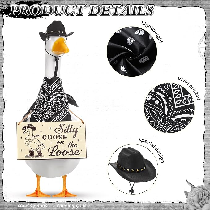 Funny Porch Goose Outfit Decoration Set Silly Goose on The Loose Hangings Sign Cowboy with Outfit Cowboy Hat Bandana for 23" Cement/Plastic Outdoor Statue Patio Yard Lawn Art(Black)
