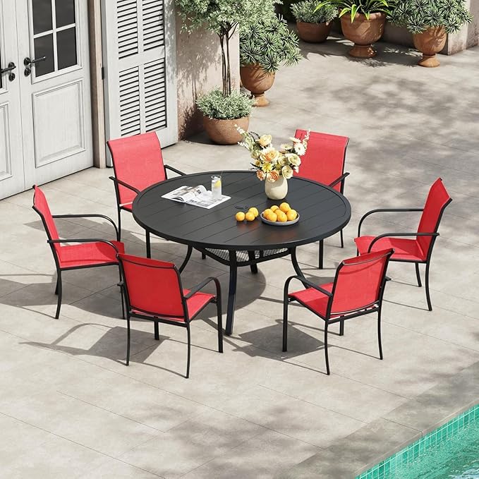 VICLLAX 7 Pieces Patio Outdoor Dining Set, 47.2" Round Metal Table with Umbrella Hole and 6 Stackable Textilene Chairs for Patio, Lawn, Garden, Porch, Black/Red