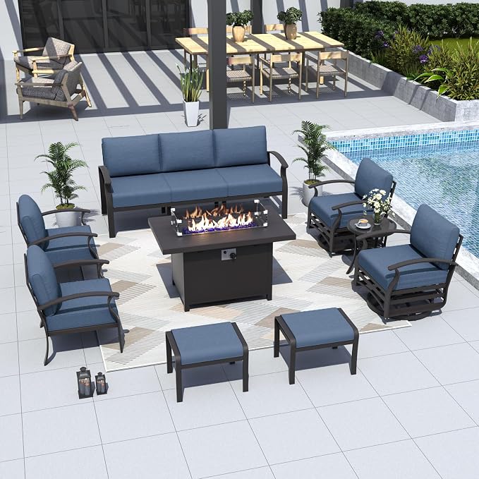ALAULM Aluminum Patio Furniture Set with Propane Fire Pit Table 9-seat Metal Outdoor Furniture w/Swivel Chairs Patio Sectional Sofas w/2 Ottomans for Porch, Backyard, Poolside-Dark Blue