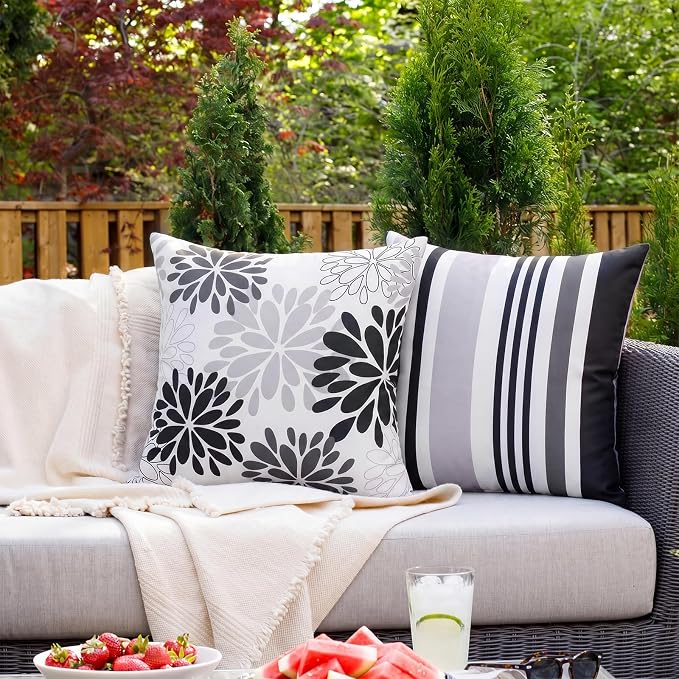 Adabana Outdoor Waterproof Floral Pillow Covers 18x18 Set of 4, Sweet Home | Waterproof Fabric Floral and Stripe Design for Patio, Couch, Garden Decor