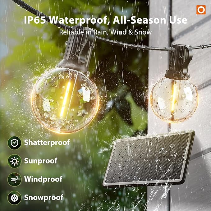 addlon 25FT Solar Powered Outdoor String Lights Waterproof with Remote G40 | Solar Powered String Lights with 13 LED Shatterproof Bulbs, 3 Light Modes, Dimmable Solar Lights for Outside Bistro Cafe
