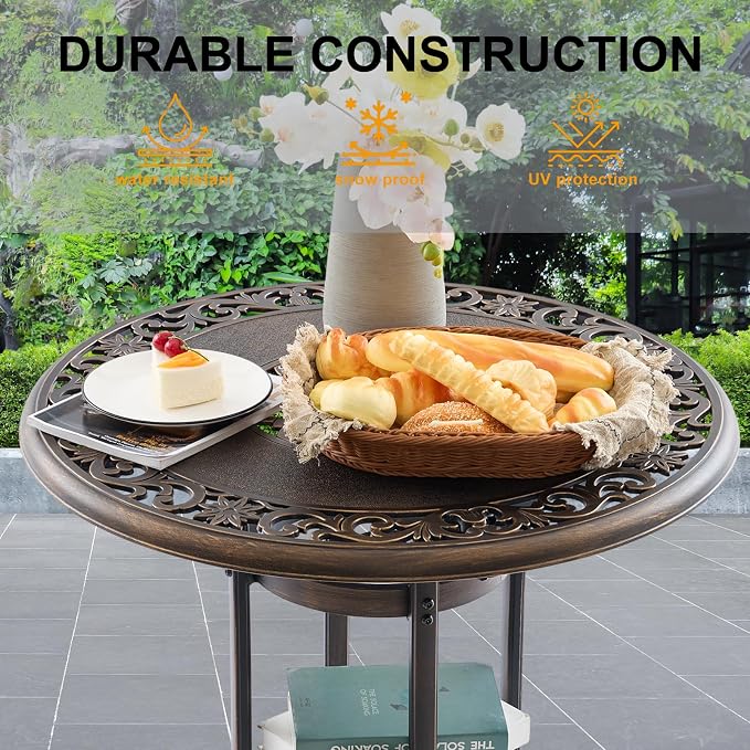3-Piece Cast Aluminum Outdoor Bar Set, 31.5" Round High Top Patio Table & 2 Swivel Barstools with Cushions, Antique Bronze Rustproof Bistro Set for Balcony, Poolside & Deck