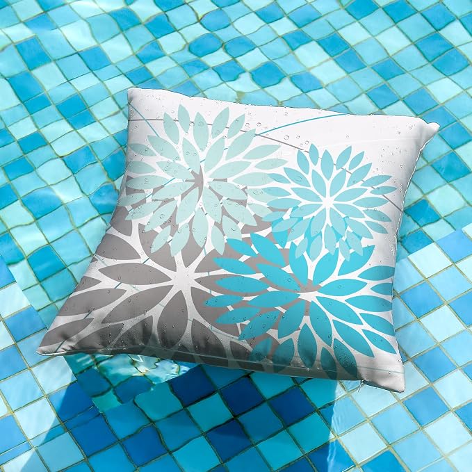 DFXSZ Pack of 2 Outdoor Waterproof Throw Pillow Covers 16x16 LightBlue Grey | Polyester Colorful Spring Summer Floral Decorative Cushion Cases(NO INSERT),For Couch Patio Funiture Garden Home Decor