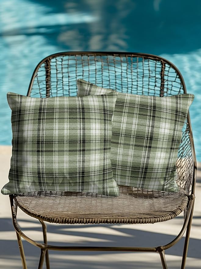 Waterproof Outdoor Pillow Set of 2 Green Checked Plaid Decorative Throw Pillows Cover & Insert 16x16 Inch Pillowcase Stripes Woven Grid Square Pillows for Couch Sofa Bed Patio Furniture Indoor Outdoor