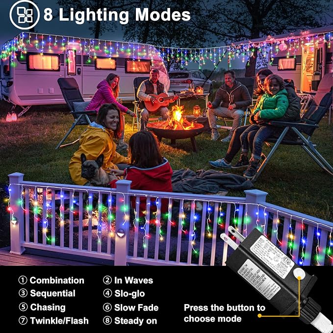 Colored Christmas Lights Outdoor 66ft 640 LED Icicle Lights for Outside | Connectable Clear Wire 8 Modes Timer Plug in Waterproof for House Xmas Yard Tree Eaves Party Holiday Decoration, Multicolor