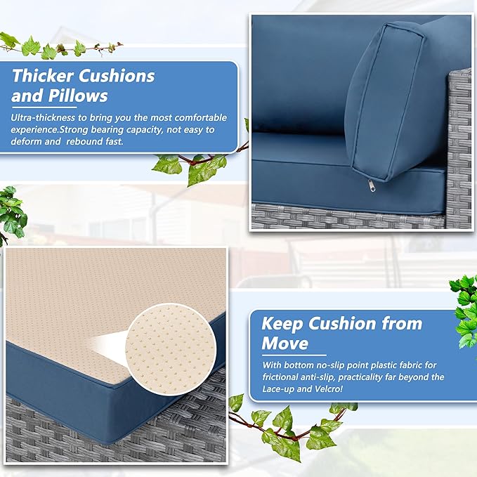 7 Piece Outdoor Patio Furniture Set,Silver PE Rattan Wicker Sectional Sofa, All Weather Conversation Set with Washable Cushions & Glass Coffee Table for Backyard Poolside Garden Porch,Navy Blue